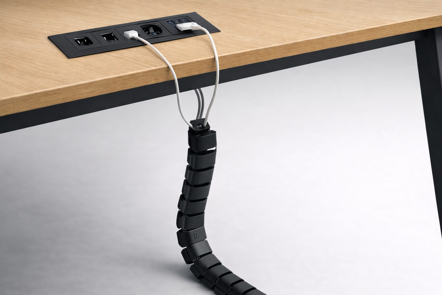 Cable management snake cable routing from workstation