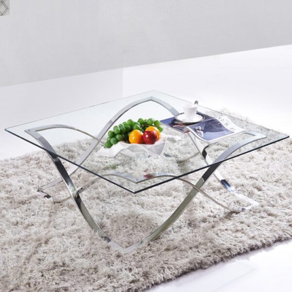Wave coffee table 100x100cm with 12mm tempered clear glass top and curved chrome base in modern living room setting live scene