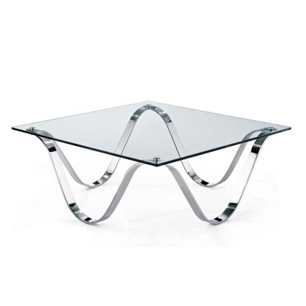Wave coffee table 100x100cm with 12mm tempered clear glass top and curved chrome base in modern living room setting