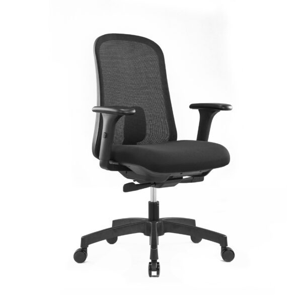 Milo Black ergonomic office chair angled front view highlighting seat comfort and armrests
