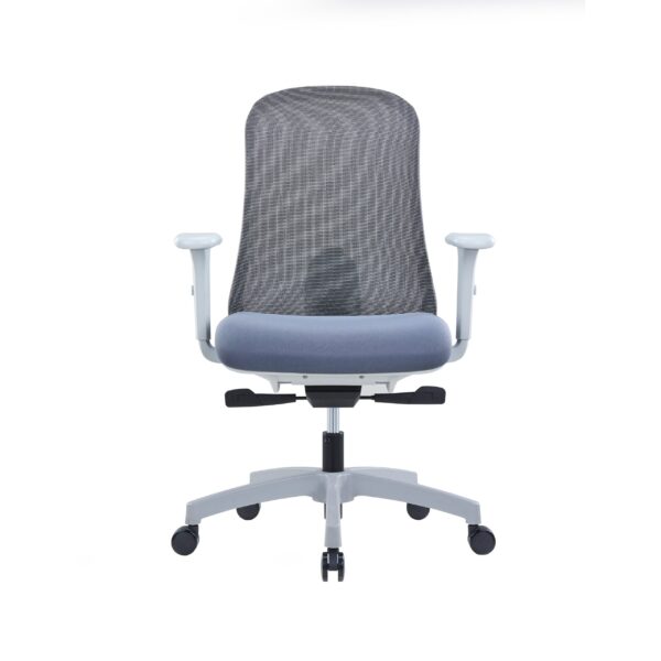 Milo grey ergonomic office chair front view with mesh back and fabric seat