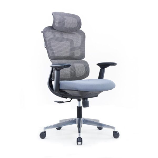 Mirage grey ergonomic chair angled front view with cushioned seat and adjustable arms