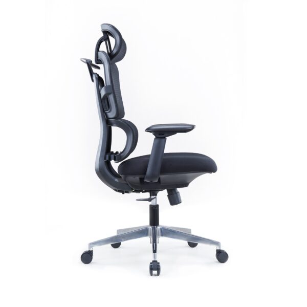 Mirage black ergonomic office chair side profile with mesh back and headrest