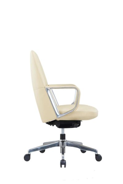 Senator low back beige office chair side profile with chrome armrest and base