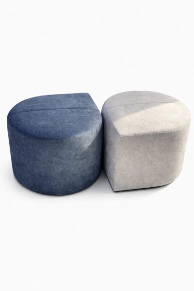 GOCCIA droplet-shaped upholstered pouf ottoman in blue and grey fabric finishes
