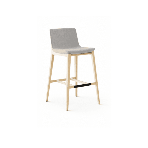 AMY upholstered bar stool featuring grey fabric seat and wooden frame