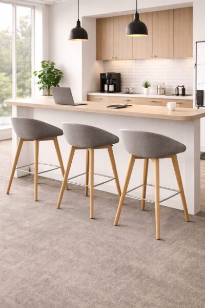 BREK wooden bar stools used in a modern office breakout and pantry area
