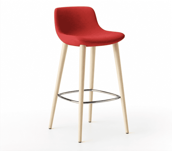 EMMA bar stool with red upholstered seat and natural wooden legs