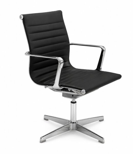 Bafta meeting chair with polished aluminium frame, black ribbed upholstery, and four-star swivel base for conference rooms.