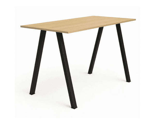 BeeWork bar-height collaboration table with oak melamine top and black steel A-frame legs for breakout areas and standing meetings.