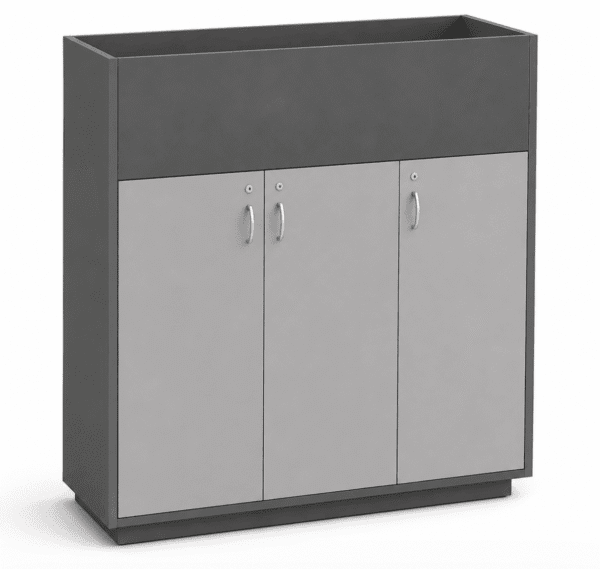 Eroa storage cabinet in grey and white finish with lockable doors and upper display shelf