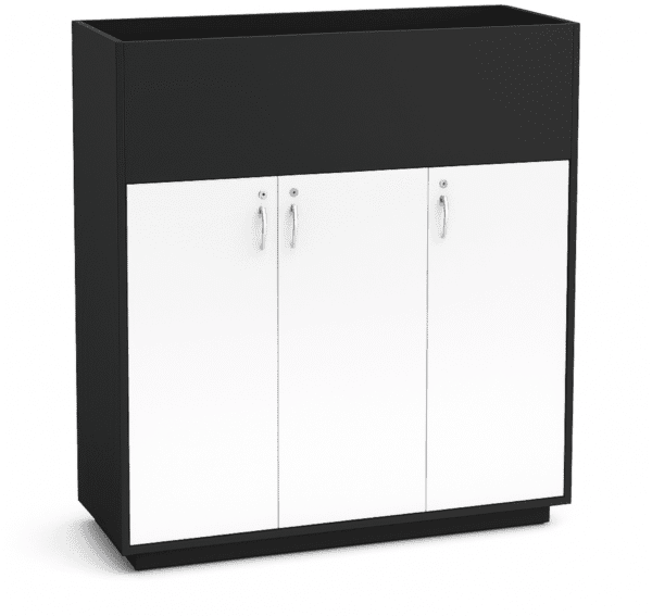 Eroa office storage cabinet with black frame, white doors, and secure lockable storage compartments