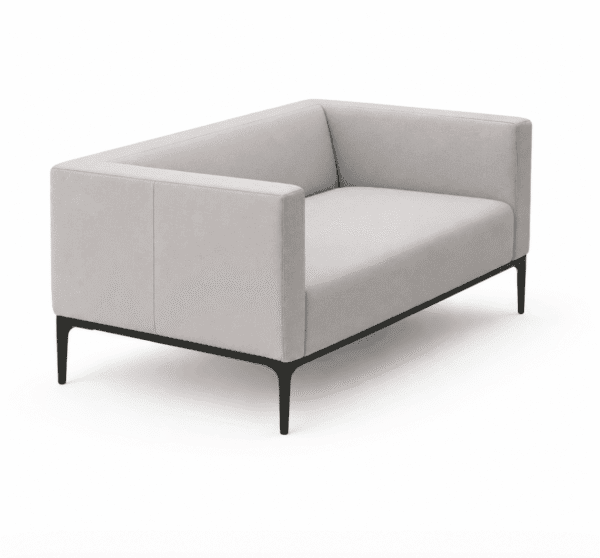 IANNI two seater reception sofa with cream upholstery and black metal legs.