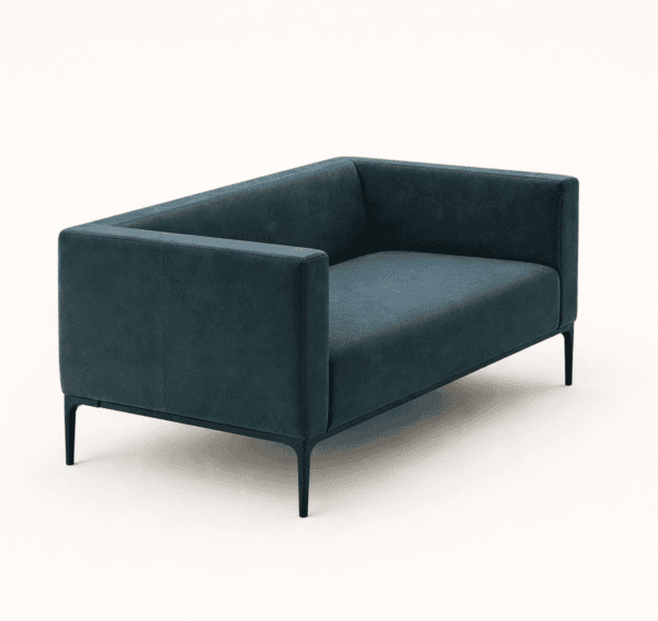 GIANNI two seater sofa in blue upholstery featuring a minimalist design and metal base.