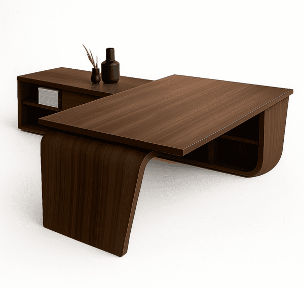 Gubern executive desk in walnut veneer with curved architectural base and side credenza