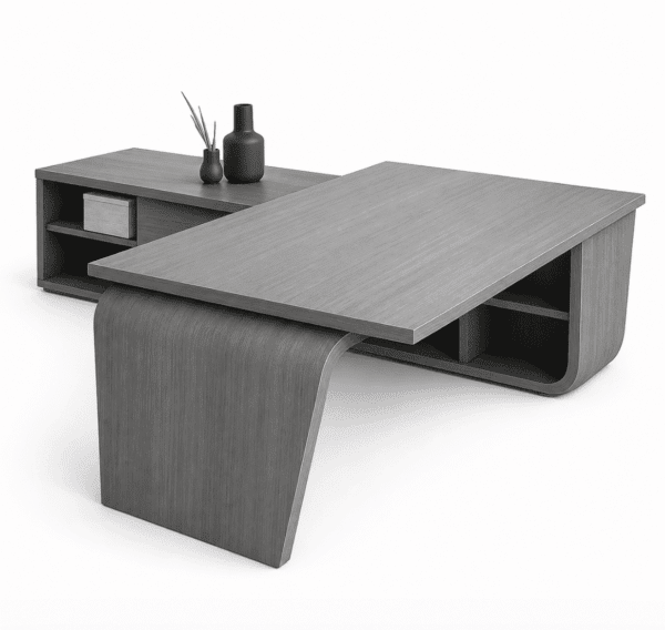 Gubern executive desk in grey wood veneer with integrated storage and curved support leg