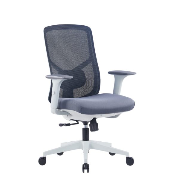 Angled front view of Hala medium back ergonomic task chair with adjustable armrests.