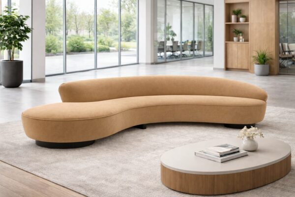 Pacific curved lounge sofa in beige upholstery for reception and hospitality interiors