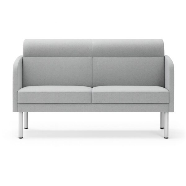 REEM two seater reception sofa with metal legs in light grey upholstery.