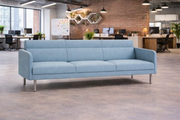 Green REEM three seater reception sofa with contemporary styling and metal legs.