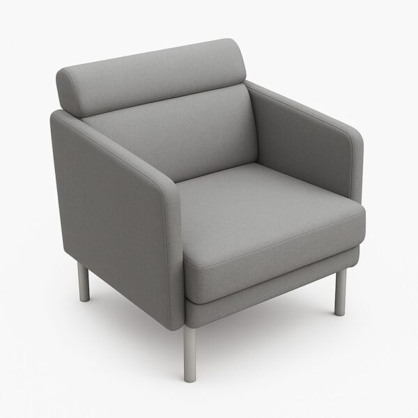 REEM single seater reception sofa with headrest and metal legs in grey upholstery.