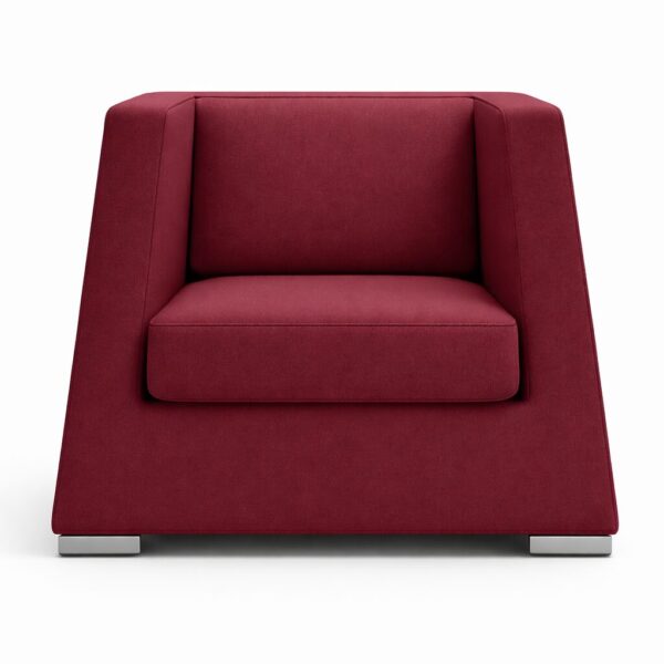 SERANA single seater reception sofa upholstered in burgundy fabric with modern angular silhouette
