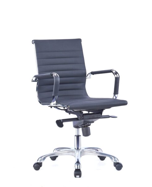 Front angled view of Slim Low Back Meeting Chair showcasing premium upholstery, executive meeting room styling, and aluminium armrests.