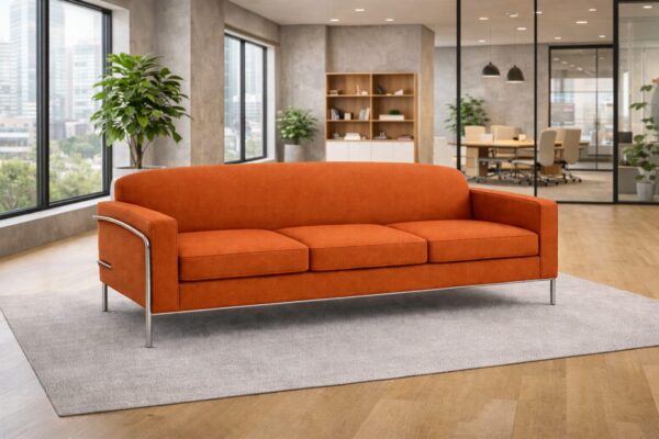 Venus 3 seater lounge sofa upholstered in orange fabric with elegant stainless steel frame for modern reception areas.