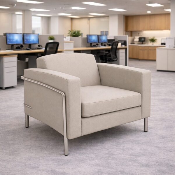 Venus single seater sofa in cream fabric featuring stainless steel accents and minimalist styling.