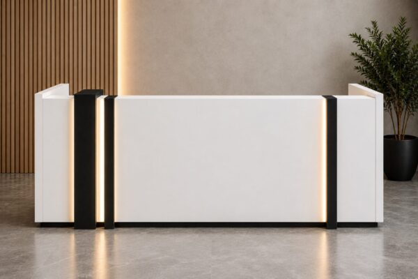 Contemporary Zeos reception counter featuring integrated LED light strips and white finish.