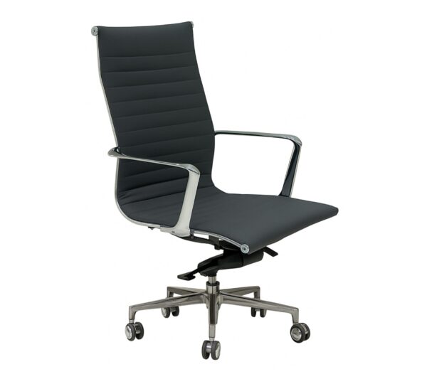 Bafta high back executive office chair with polished aluminium frame, ribbed black upholstery, and ergonomic design front view.