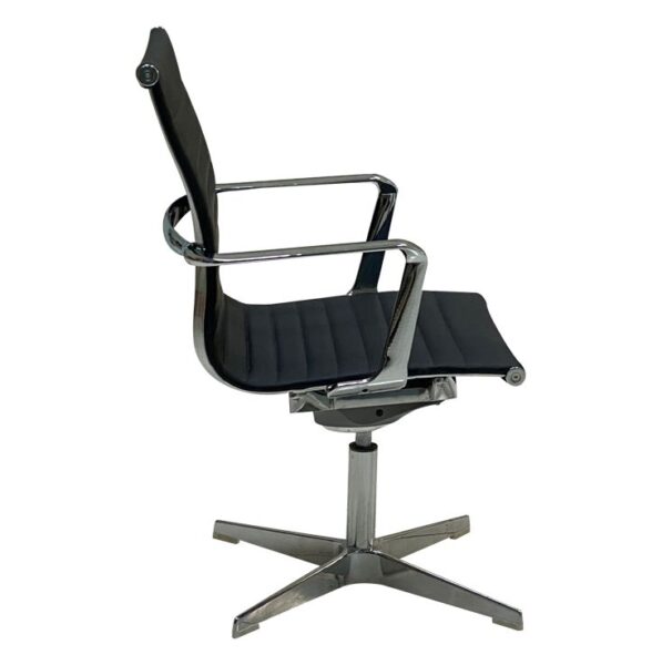 Side view of Bafta executive meeting chair featuring integrated aluminium armrests, and premium black upholstered finish.