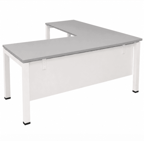 Giacomo L shape manager desk with white steel frame and grey melamine top