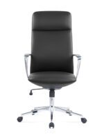 Front view of Sole executive office chair showcasing premium black upholstery, contoured high backrest, and polished aluminium armrests.