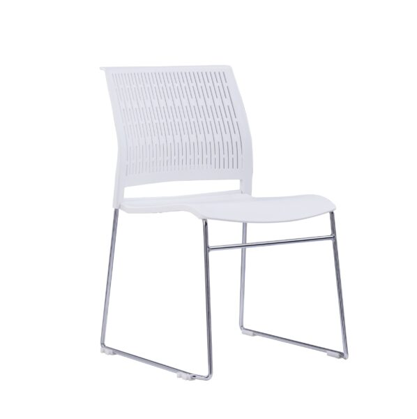 Front angle view of Rany White Pantry Chair featuring a white polypropylene shell and chrome sled base.