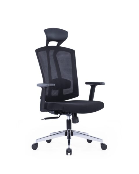 Front angled view of PLOTO staff chair with mesh back and fixed headrest