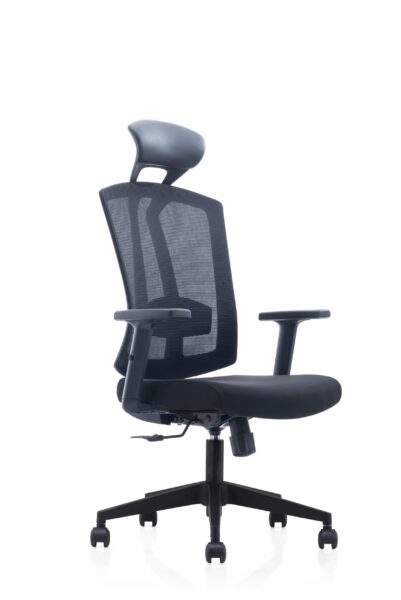PLOTO black mesh staff chair front angle with lumbar support and adjustable armrests
