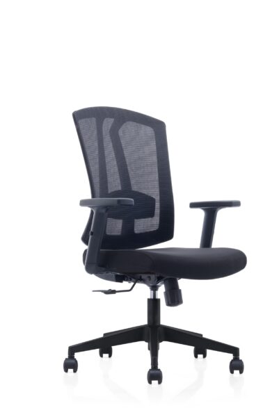 Front angled view of PLOTO medium-back mesh office chair with nylon base