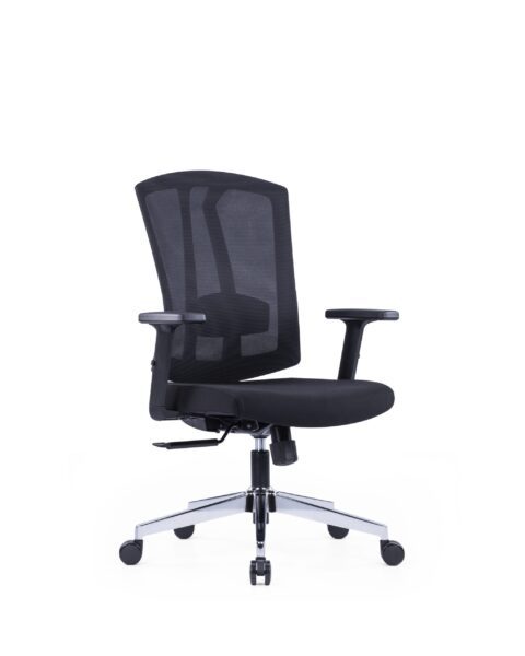 Front angled view of PLOTO medium-back office chair with mesh back and chrome base