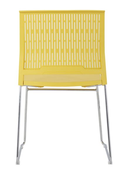 Back view of Rany Yellow Pantry Chair with ventilated polypropylene back and chrome steel frame.