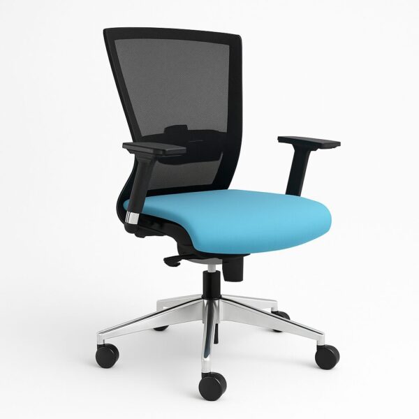 Beach mesh staff chair with blue upholstered seat, adjustable arms and Cipro nylon base