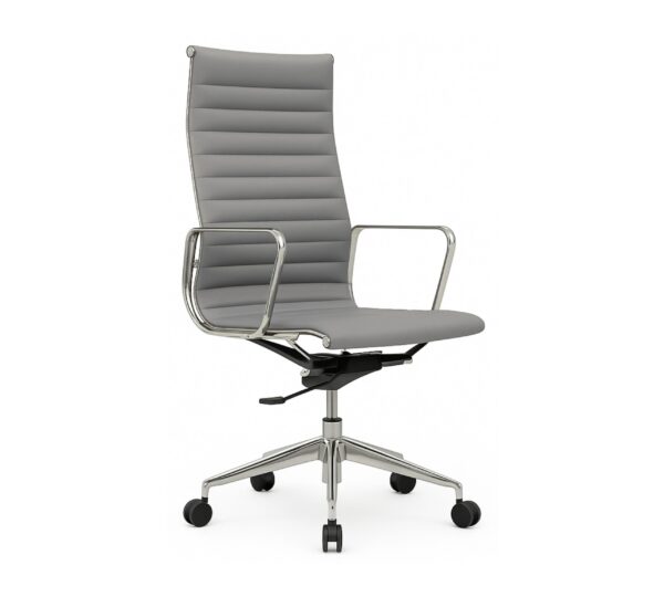 Oscar high-back office chair in grey PVC with fixed aluminium armrests