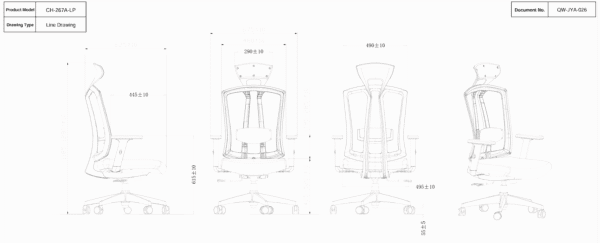 PLOTO CH-267A-LP technical drawing with chair dimensions and multiple elevations