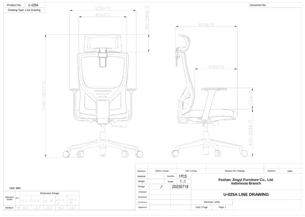 Technical line drawing with dimensions for MARS U-025A office chair