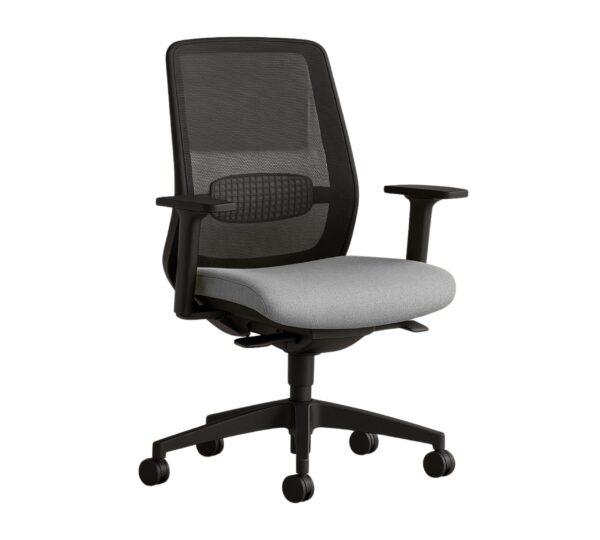 Tullio mesh office chair with grey upholstered seat and 3D adjustable armrests