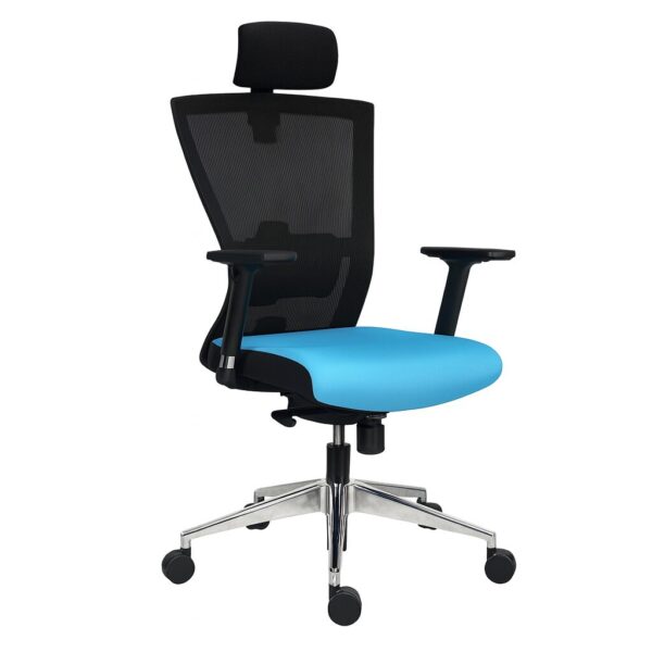 Beach high-back mesh office chair with headrest, blue upholstered seat and adjustable arms
