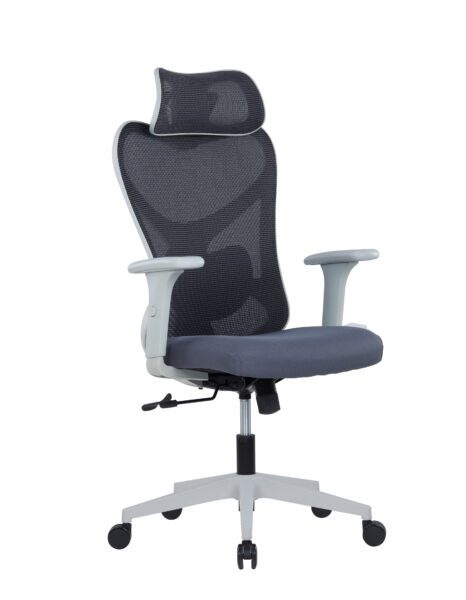 BK White high-back mesh office chair front perspective with grey upholstered seat