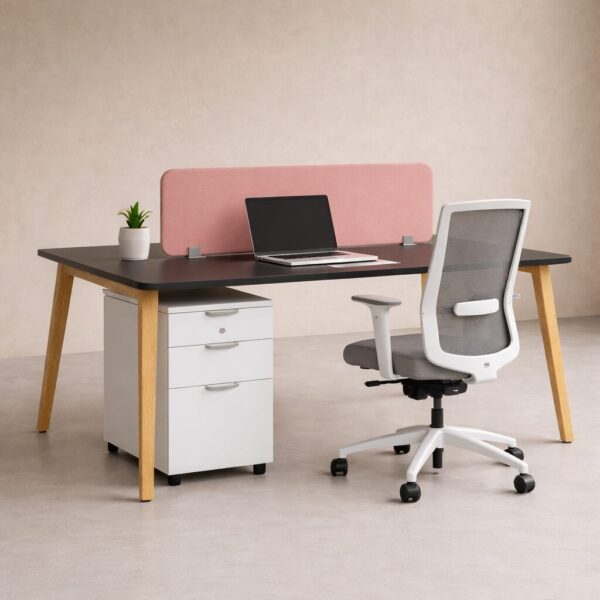 Lea face to face workstation with black melamine top, pink privacy screen and optional drawer and chair