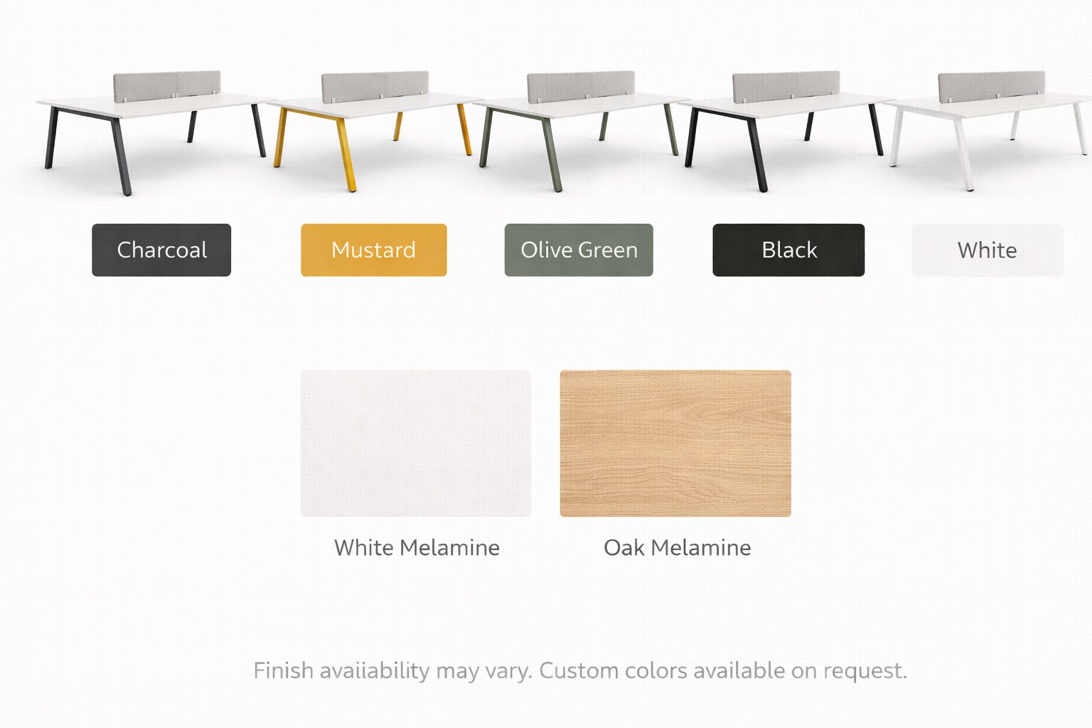 BeeWork color chart showing leg colors and tabletop finish options