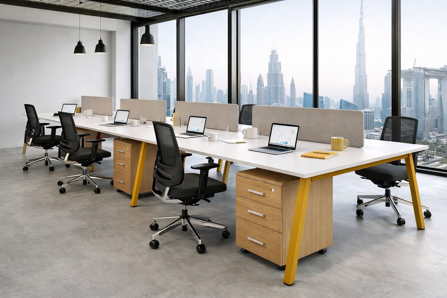 BeeWork workstation installed in a modern Dubai office scene with chairs and laptops